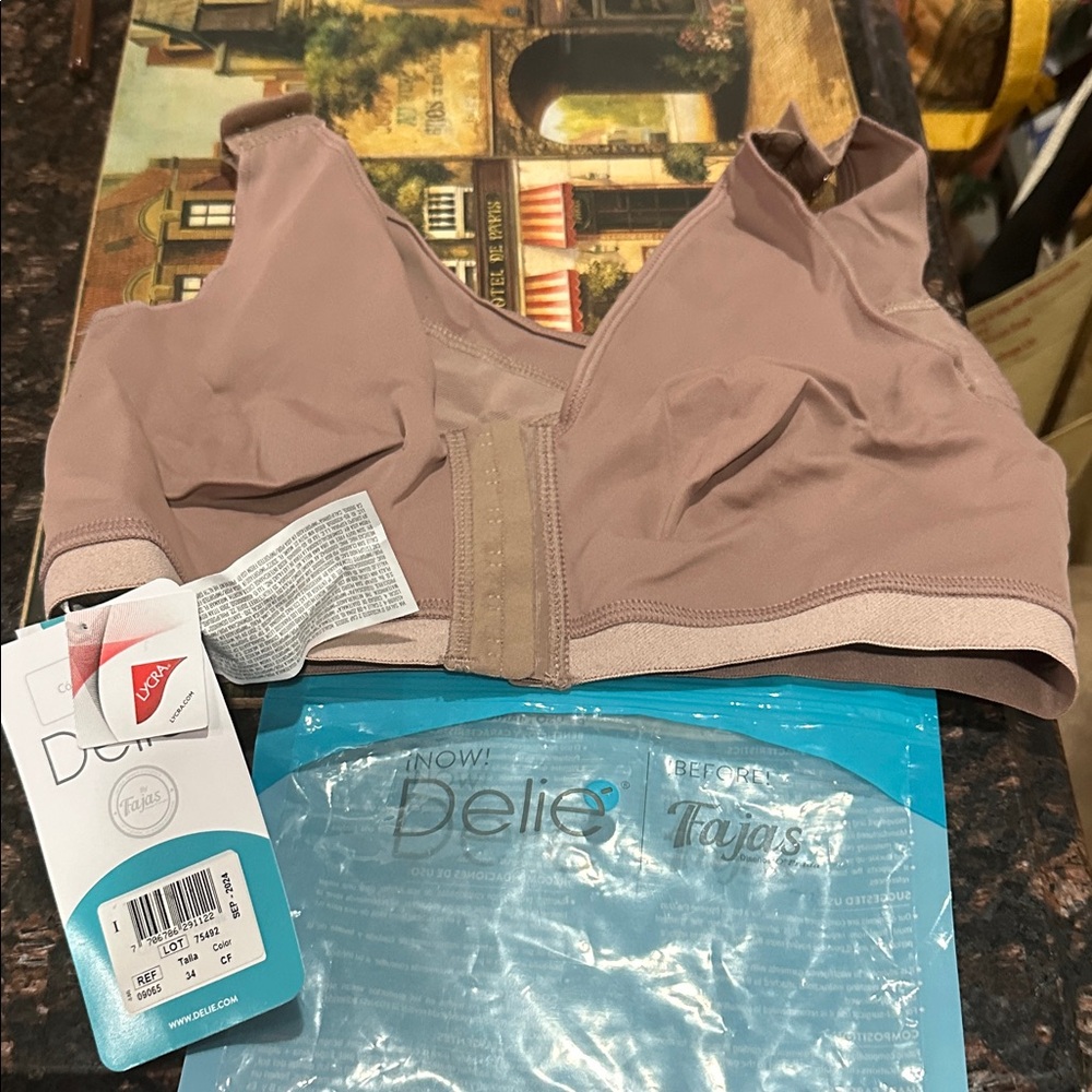 Delie by Fajas Nude Mauve Front-Zip Compression Bra Size 34